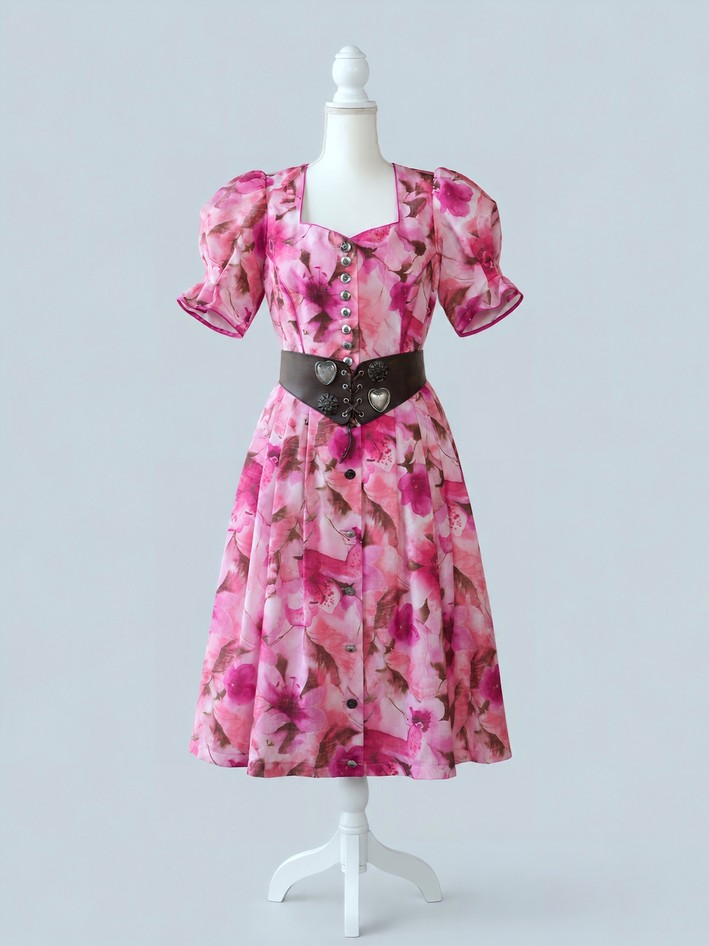 Vintage Pink Floral Midi Dress with Puff Sleeves and Belt, Cottagecore, Dirndl - Picture 7 of 11